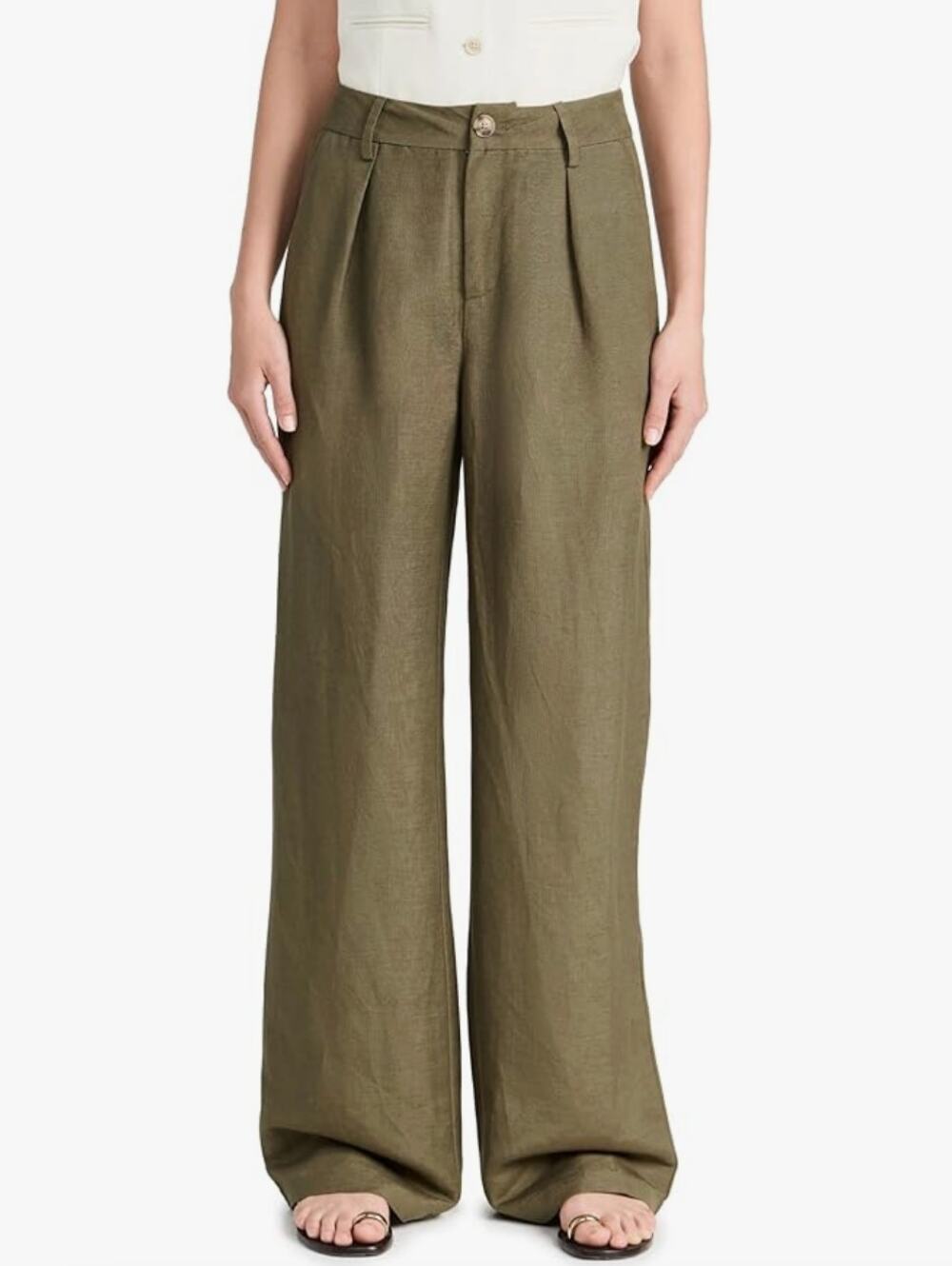 NWT PAIGE Dallas Linen Blend Wide Leg Pleated Trouser Pants Womens 14 Army Green